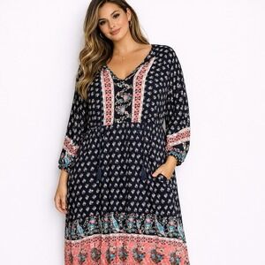 BloomChic Navy Floral Paisley Boho Midi Dress Plus Size 28 V-Neck Tassel Rayon